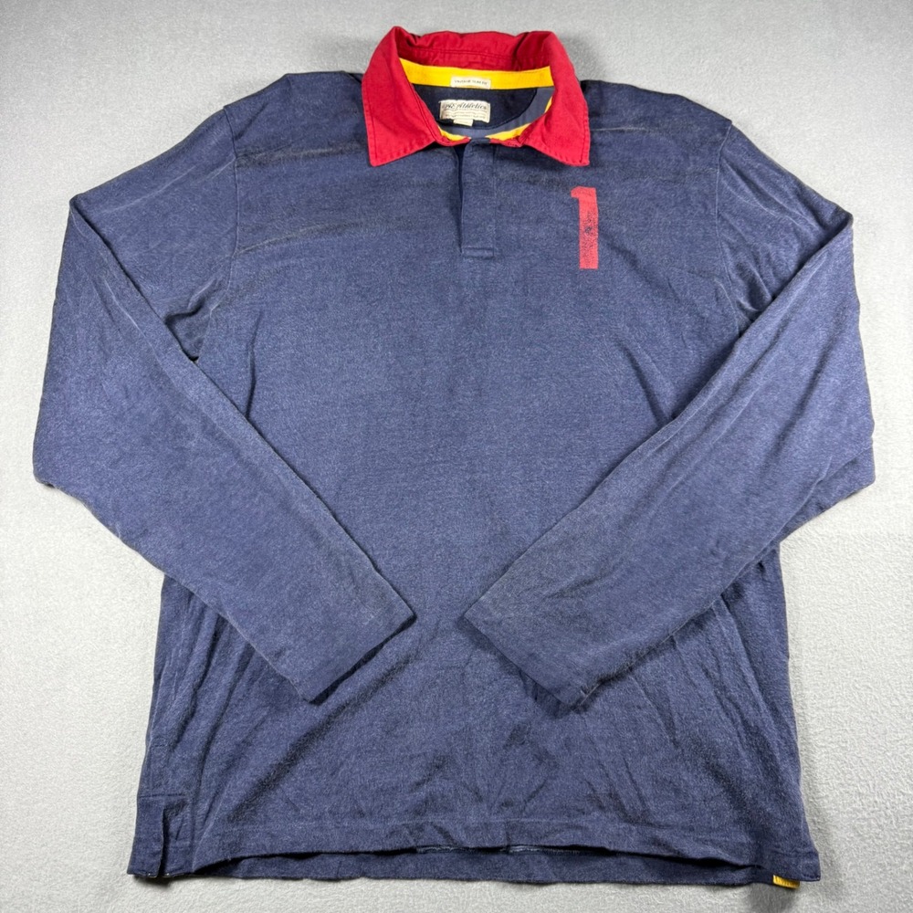 VTG American Eagle Mens Polo Shirt Slim Fit Large Blue Red Long Sleeve Cotton